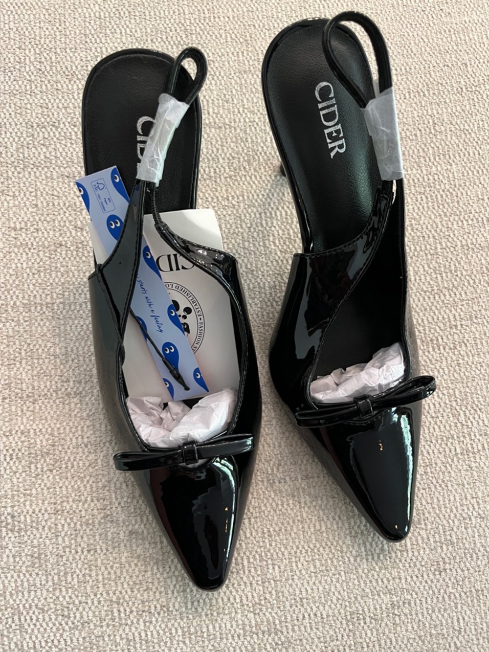 Cider Black Patent Pointed Toe Slingback Mules with Bow